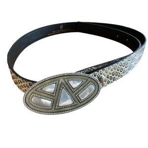 CAbi Leather Ivory/gray Embossed Beaded Buckle Belt Size 41”